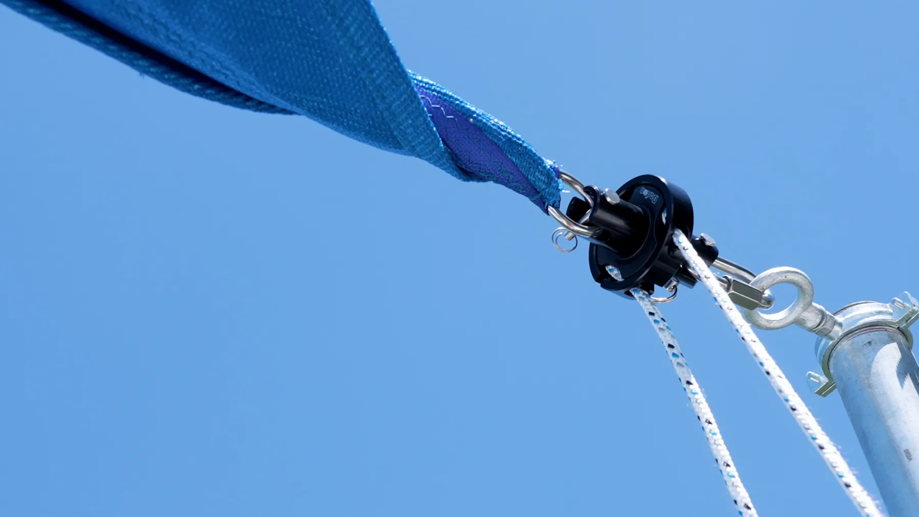 Close view of the real DockShade furler, line, fittings, and post